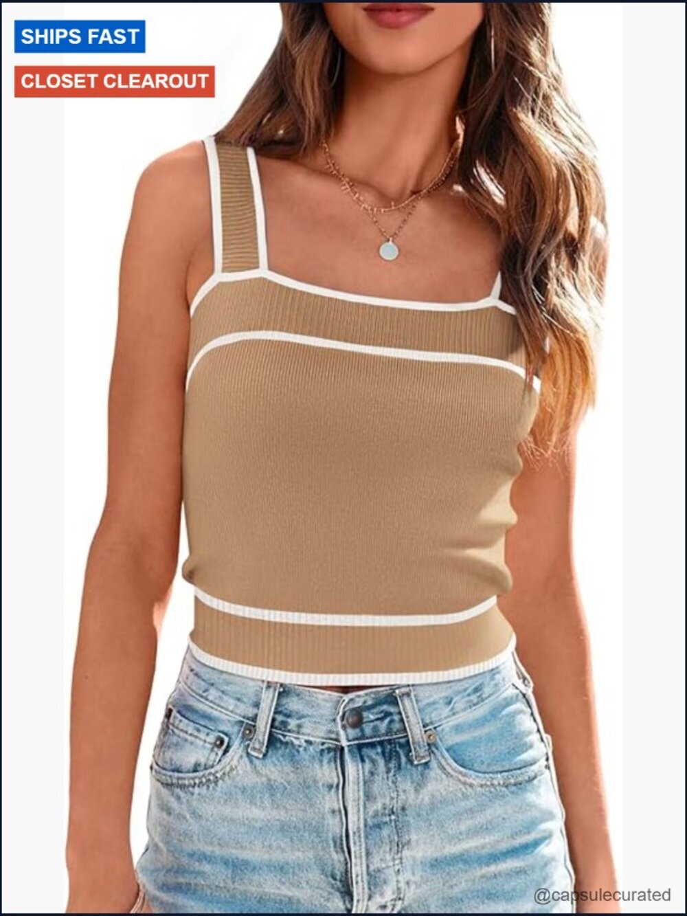 Square Neck Crop Tank Top Sleeveless Color Block Y2K Cami Shirt